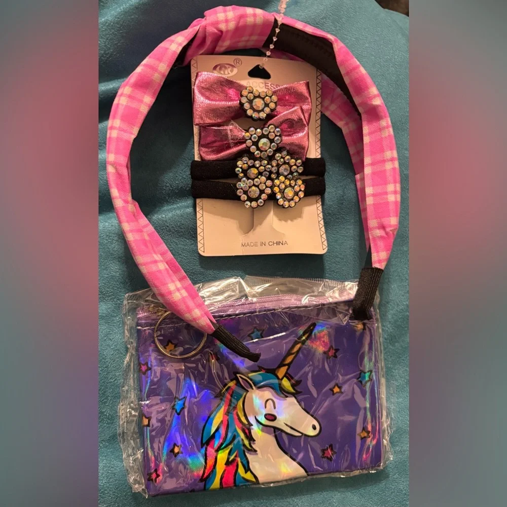 Pink and Purple Hair Accessories with Unicorn Purse